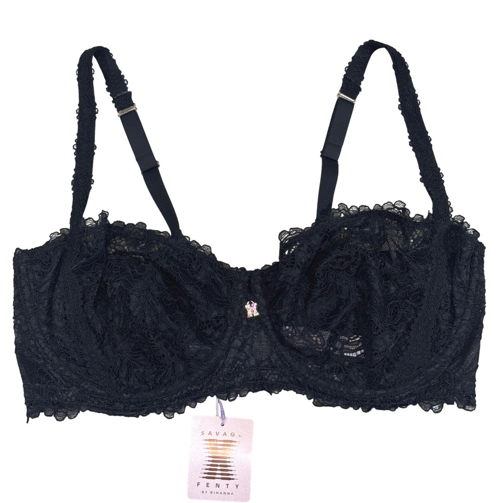 Savage X Fenty Black Floral Lace Balconette Bra Unlined Underwire 42H NWT